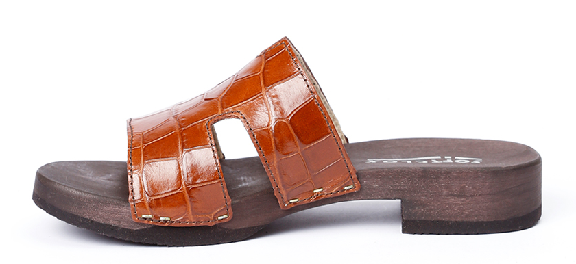 Shoe mule, made from poplar wood with printed calfskin  in color brown by Softclox
