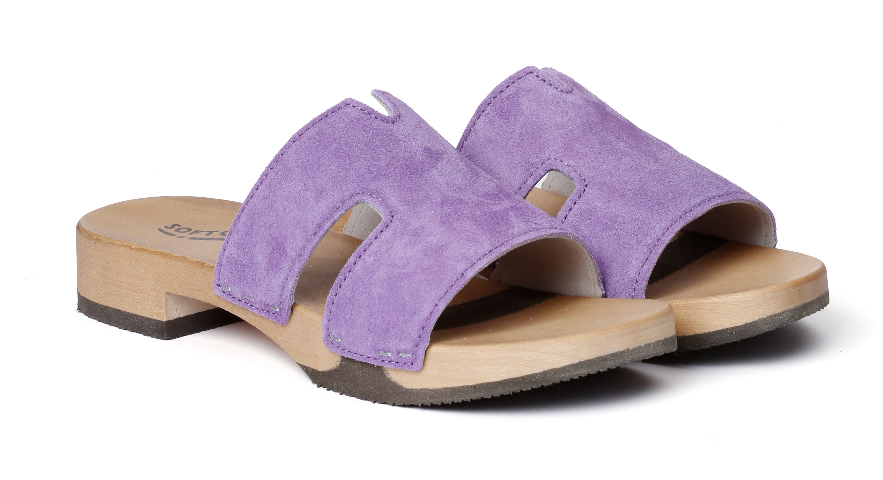 Shoe mule, made from poplar wood with smooth suede in color violet by Softclox