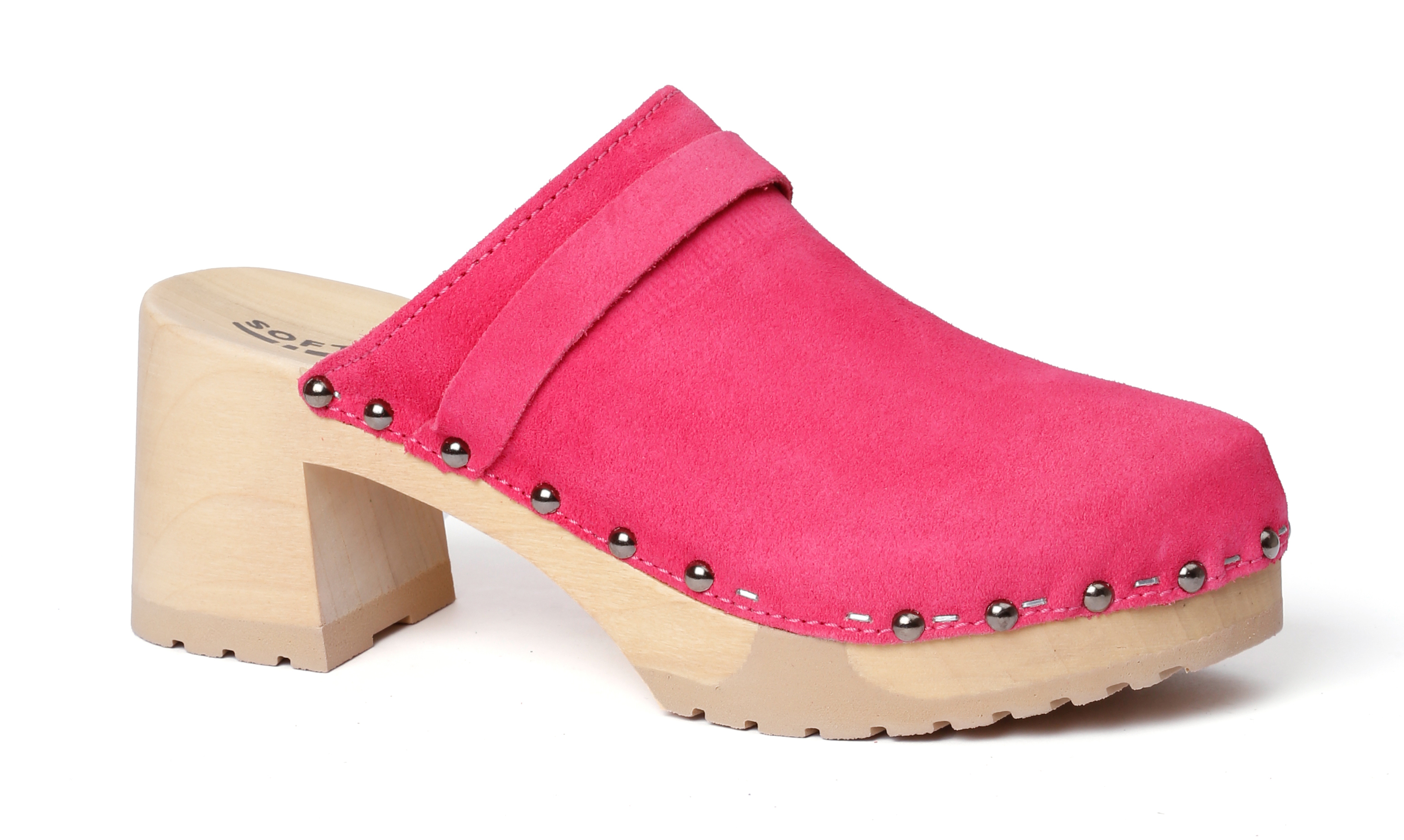 Clog made from poplar wood with smooth suede in color pink kiss by Softclox