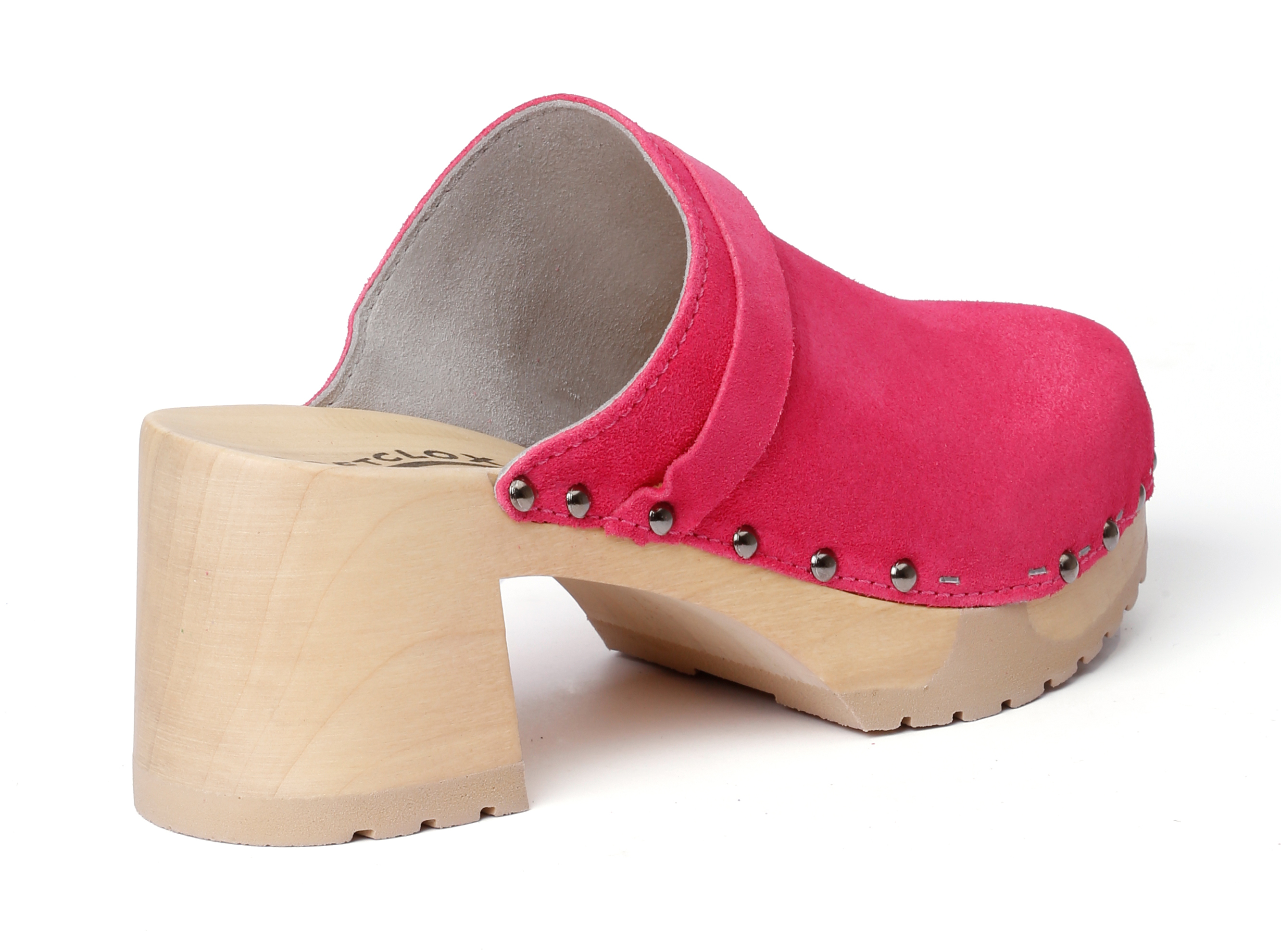 Clog, made from poplar wood with smooth suede in color pink kiss by Softclox