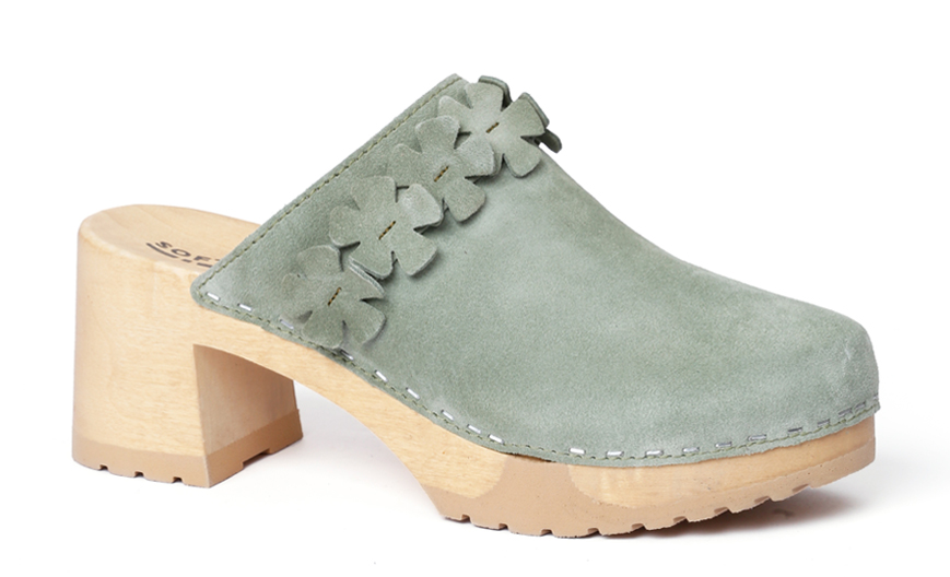 Clog, made from poplar wood with smooth suede in color mint by Softclox