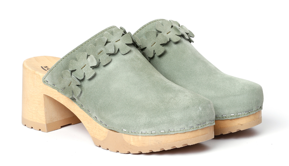 Clog, made from poplar wood with smooth suede in color mint by Softclox