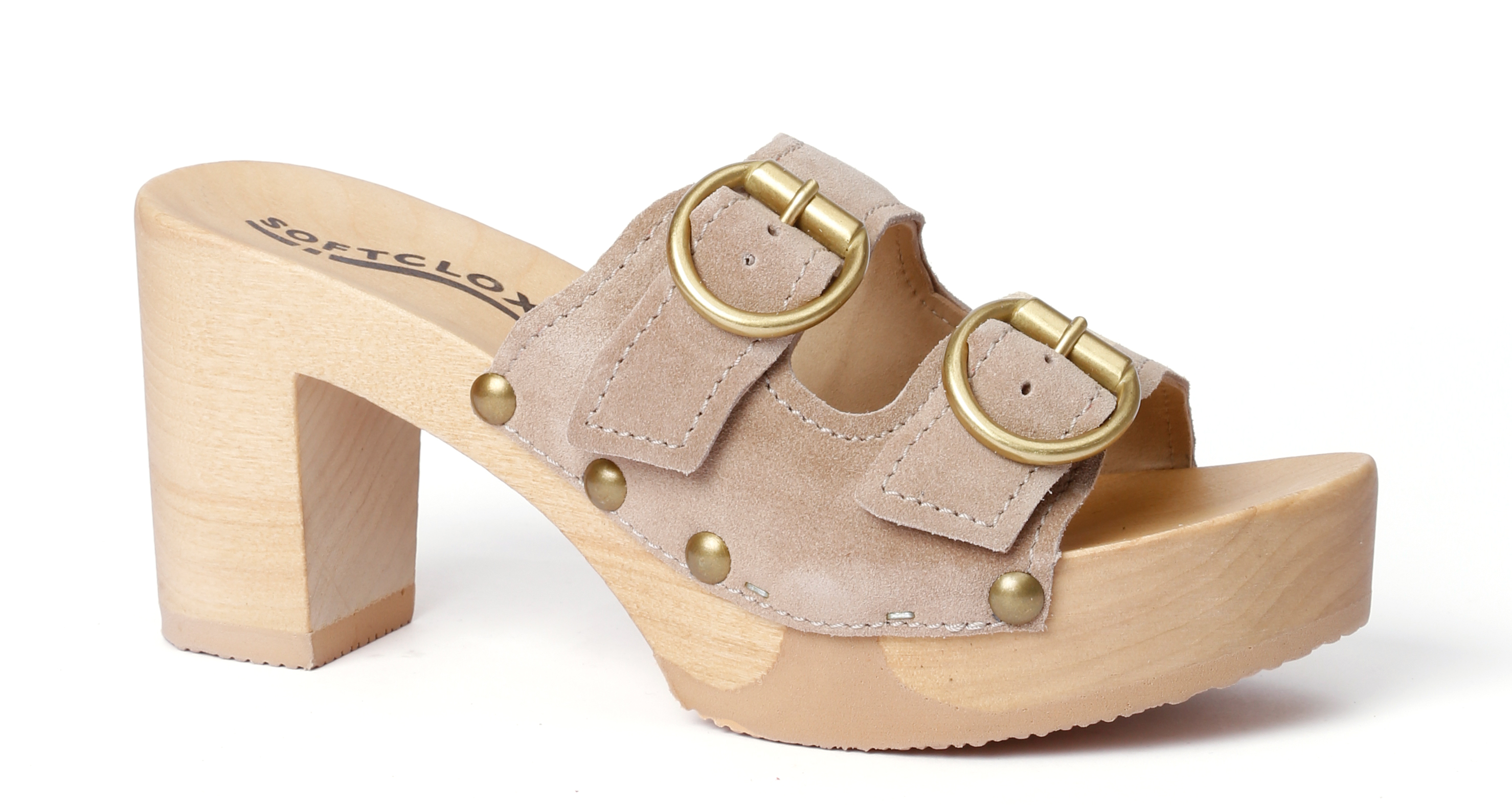 Shoe mule, made from poplar wood with smooth suede  in color taupe by Softclox
