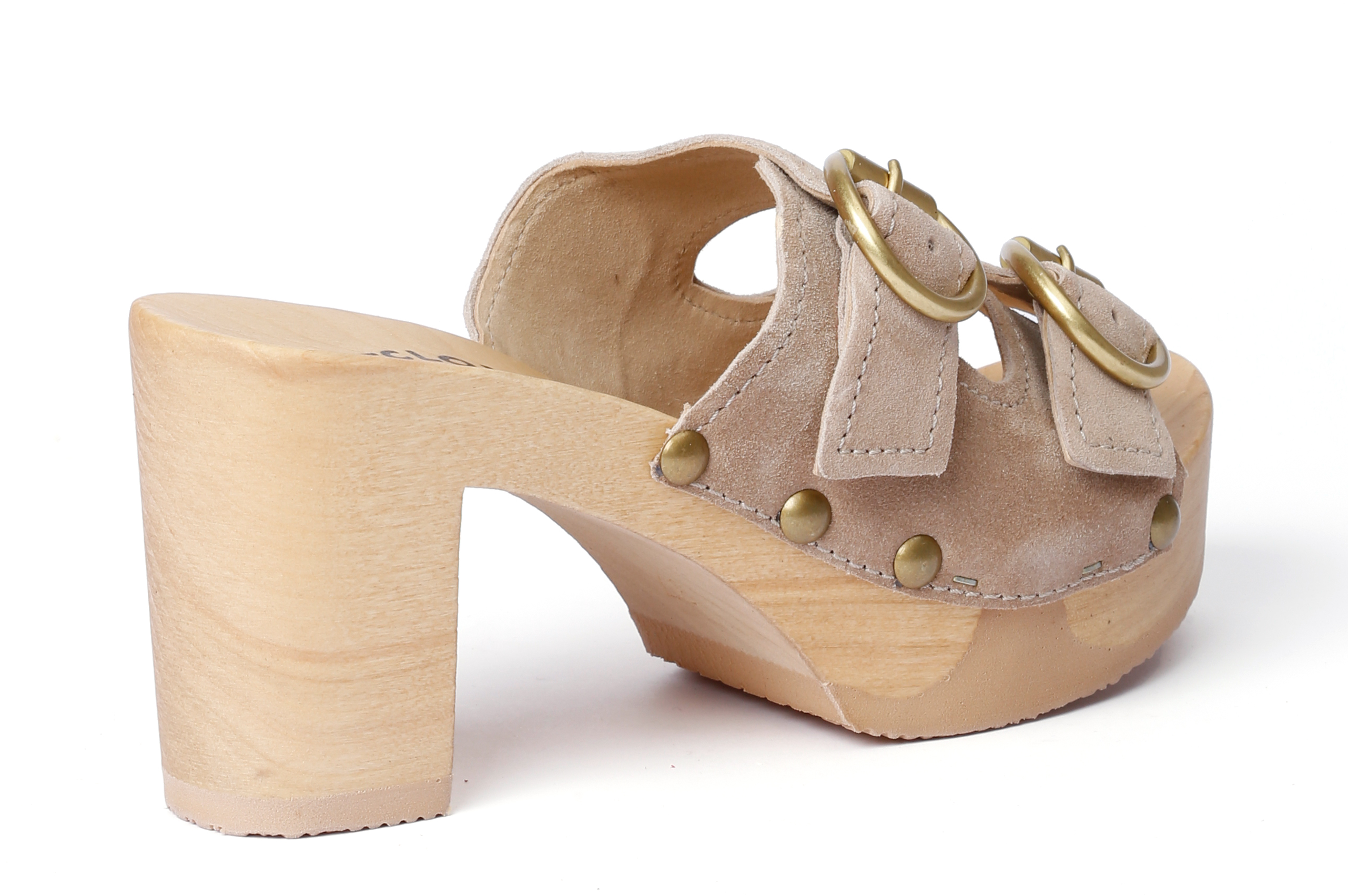 Shoe mule, made from poplar wood with smooth suede  in color taupe by Softclox