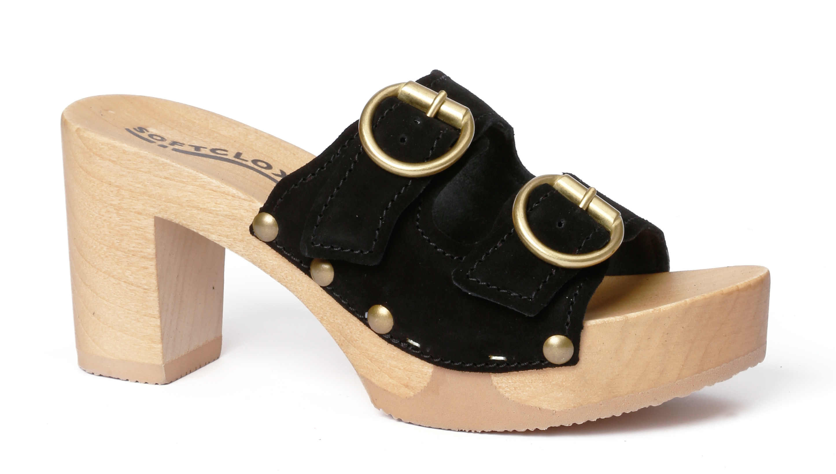 Shoe mule, made from poplar wood with smooth suede  in color black by Softclox