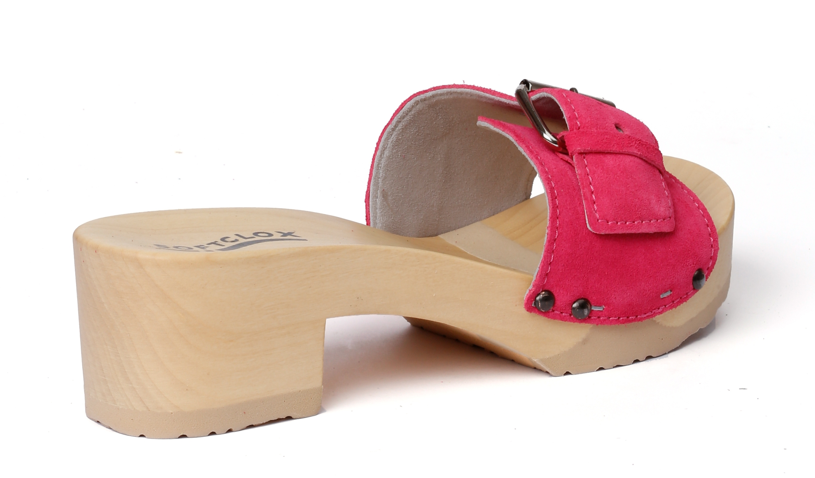 Shoe mule, made from poplar wood with smooth suede  in color pink kiss by Softclox