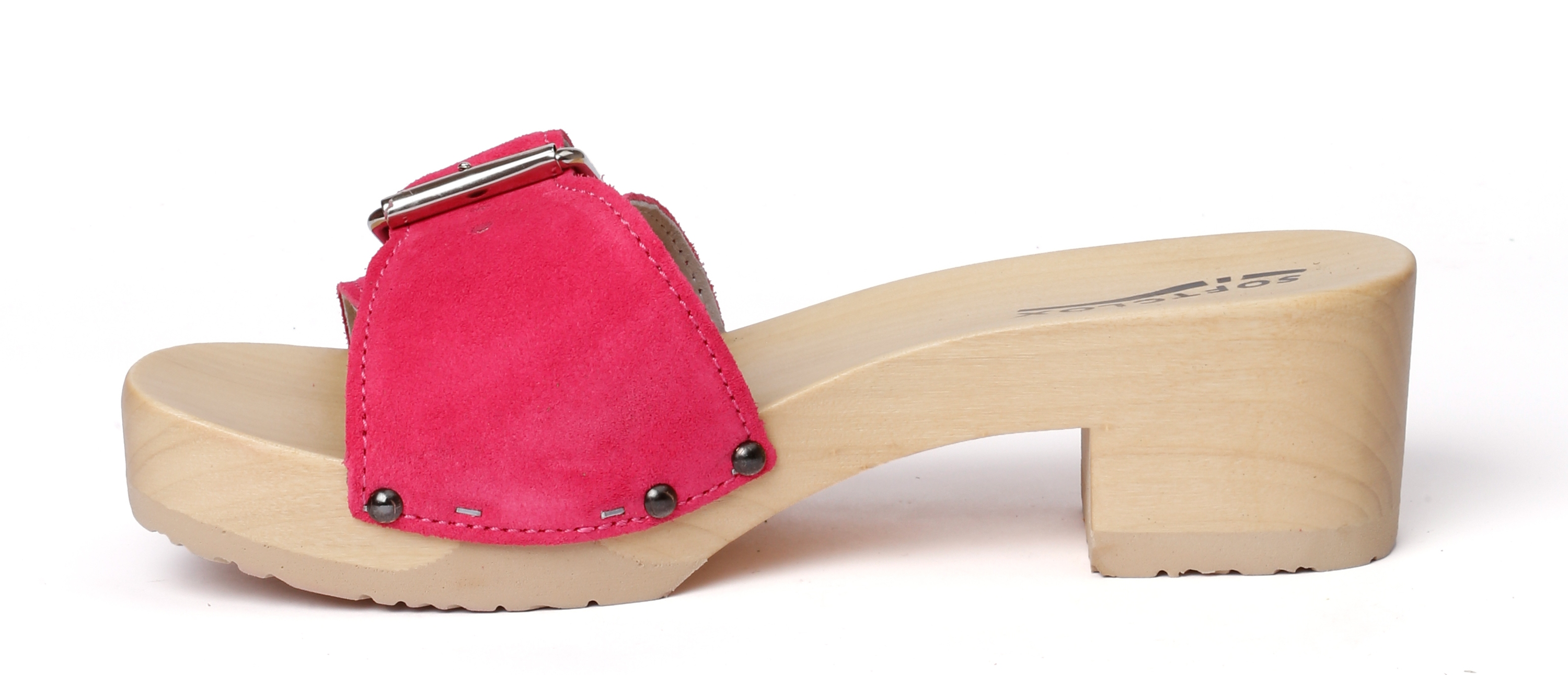 Shoe mule, made from poplar wood with smooth suede  in color pink kiss by Softclox