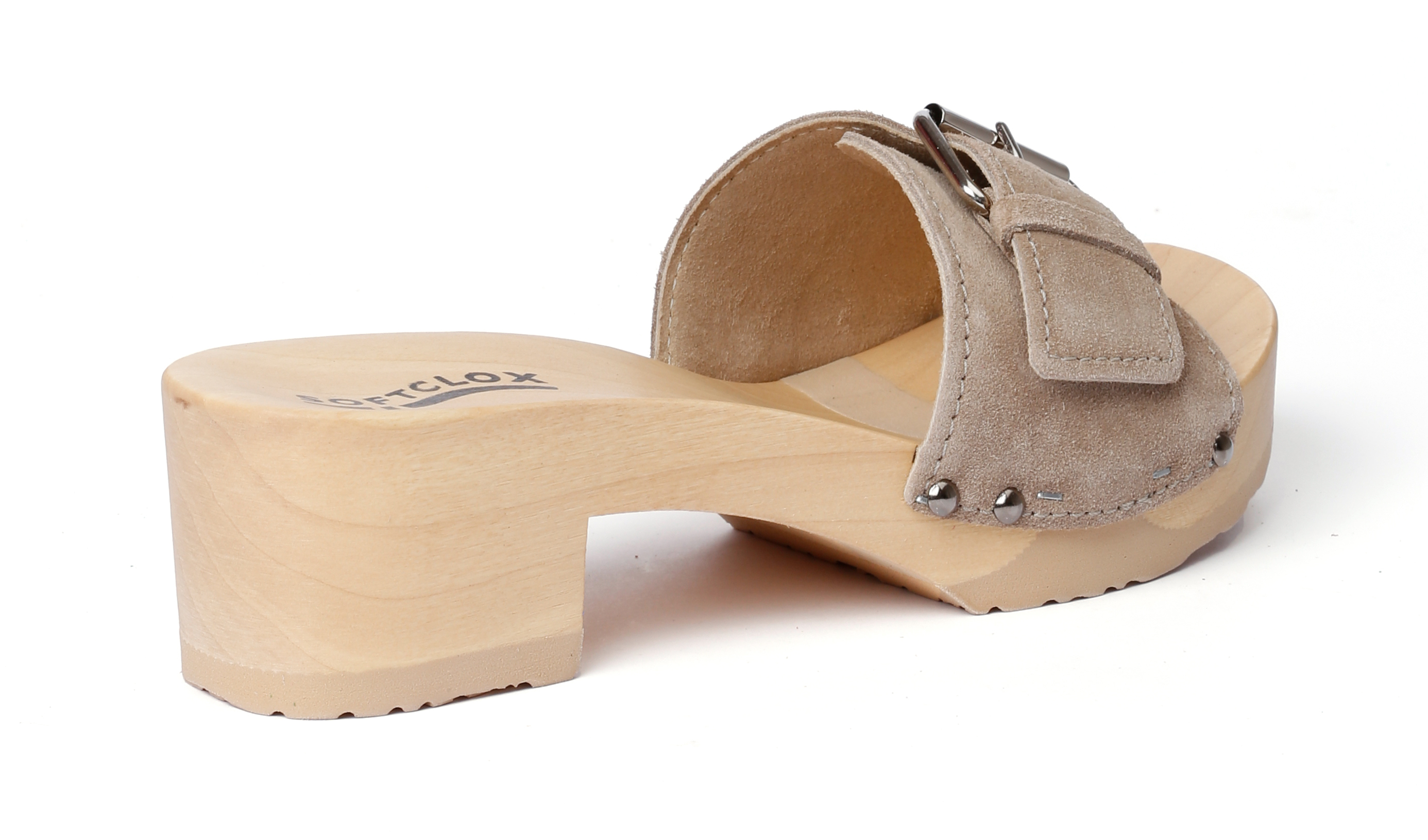 Shoe mule, made from poplar wood with smooth suede  in color taupe by Softclox