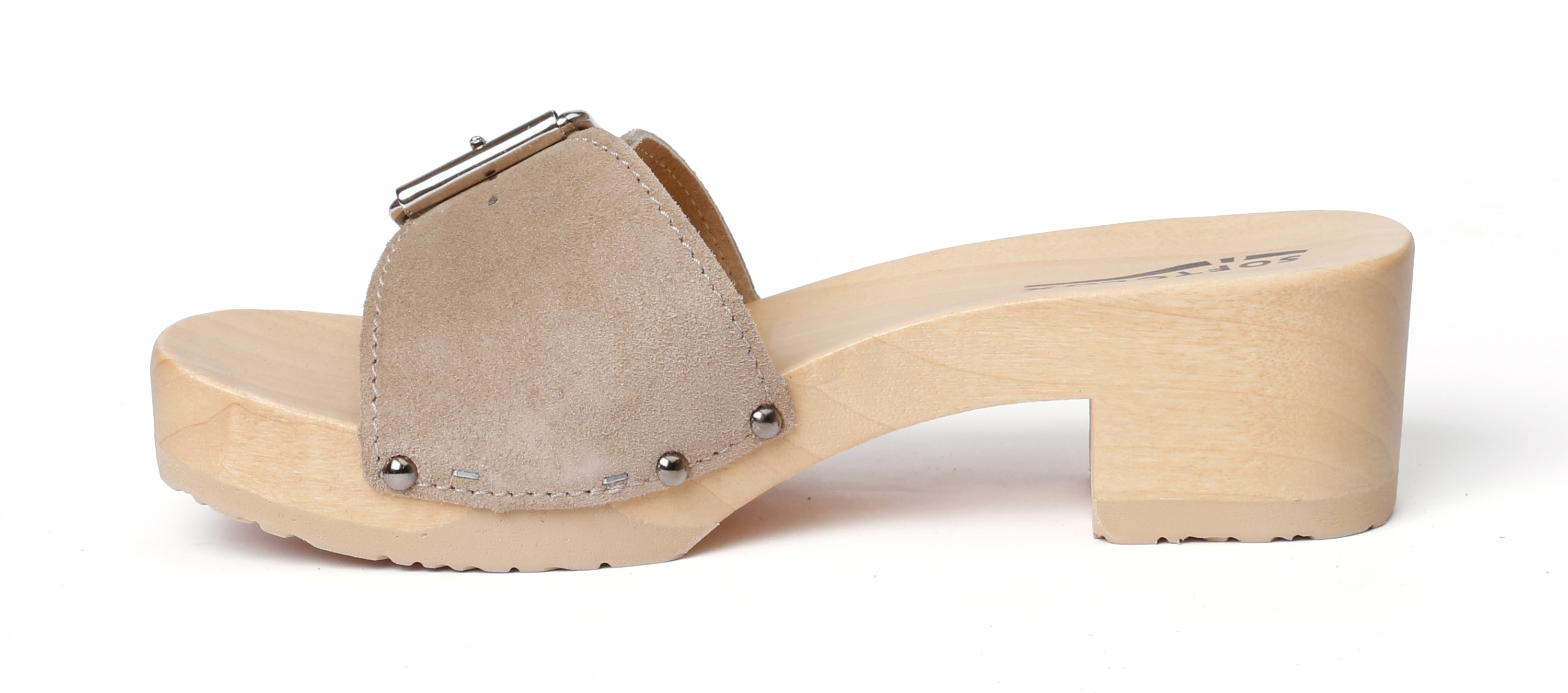 Shoe mule, made from poplar wood with smooth suede  in color taupe by Softclox