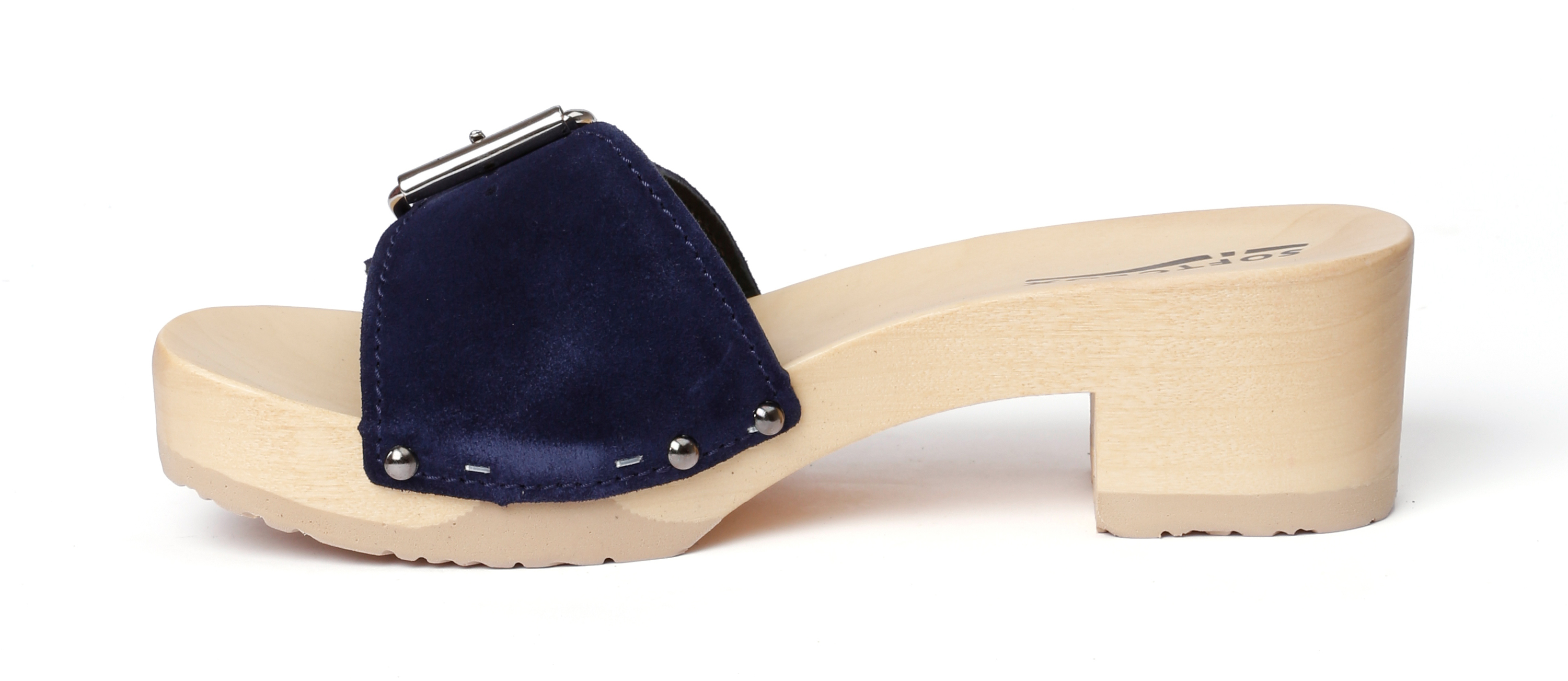 Shoe mule, made from poplar wood with smooth suede  in color navy by Softclox