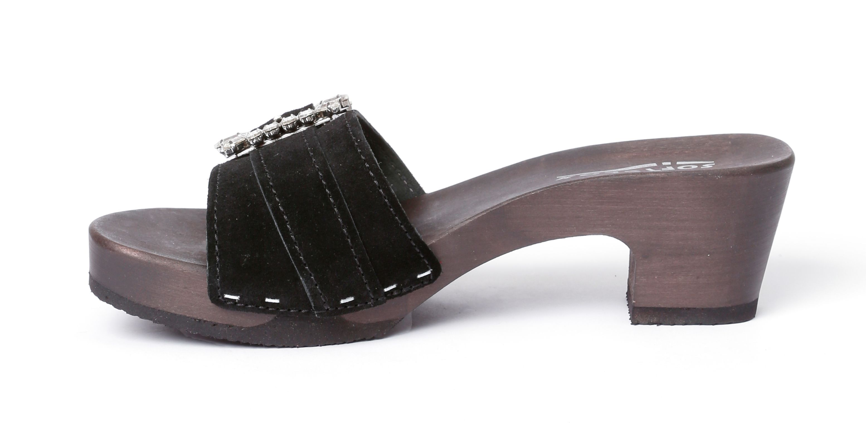 Shoe mule, made from poplar wood with smooth suede  in color black by Softclox