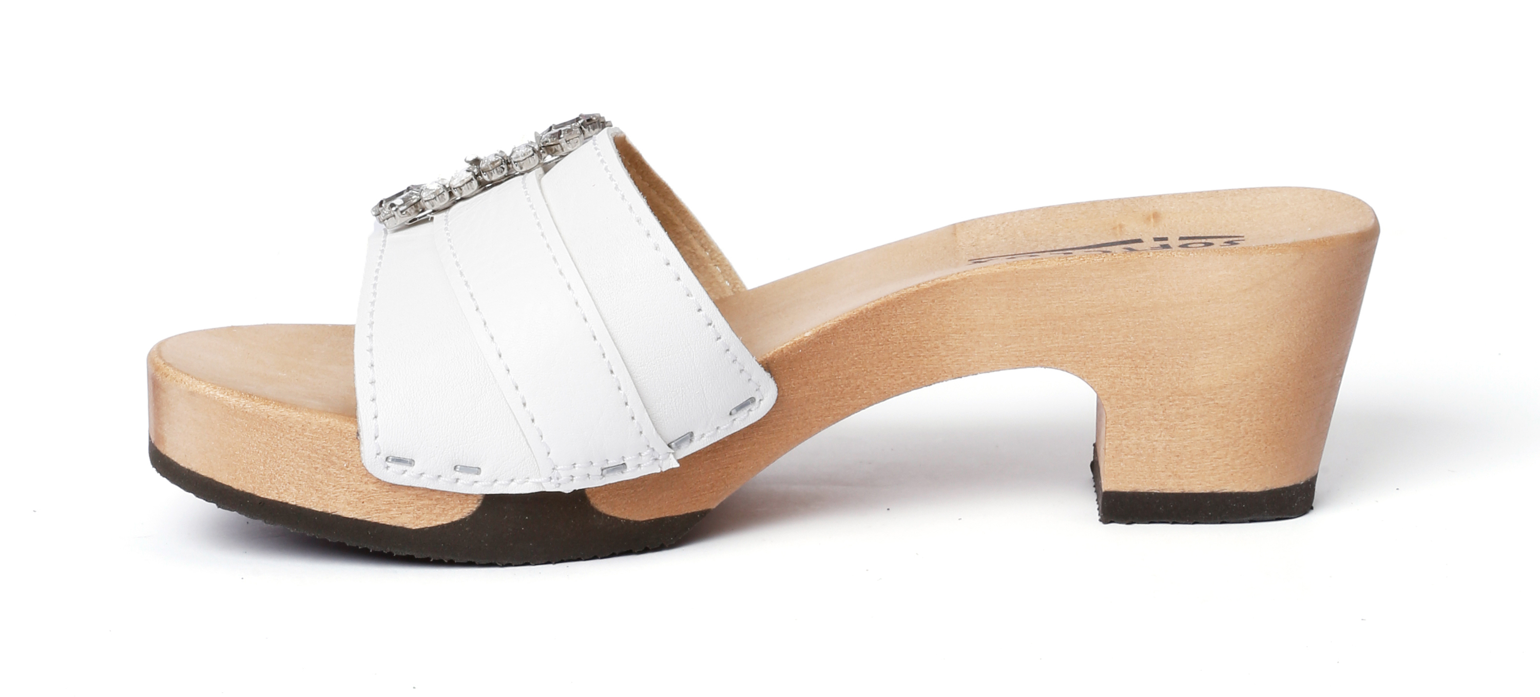 Shoe mule, made from poplar wood with milled nappa  in color white by Softclox