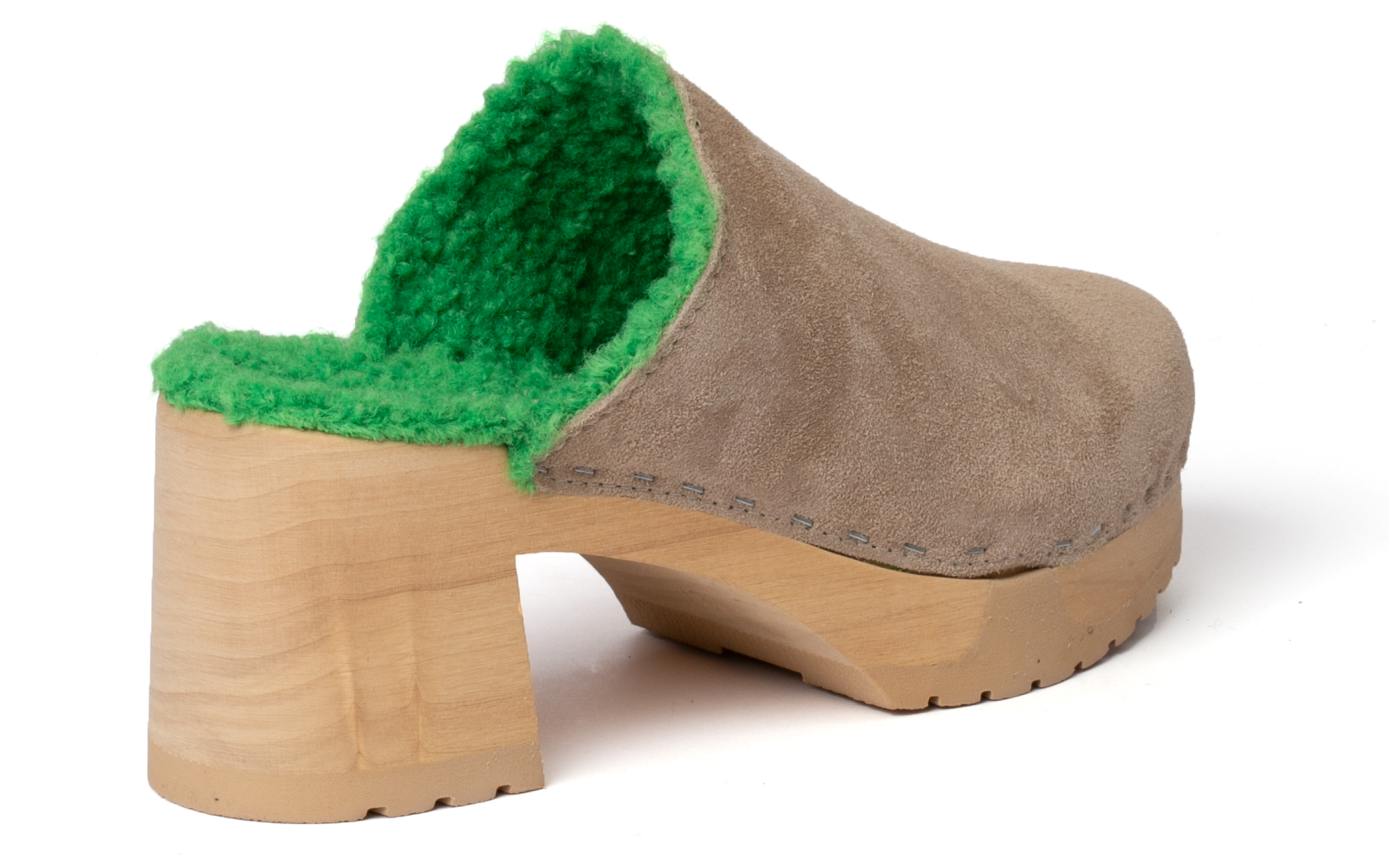 Clog made from poplar wood with smooth suede in color taupe, inner sole green plush by Softclox