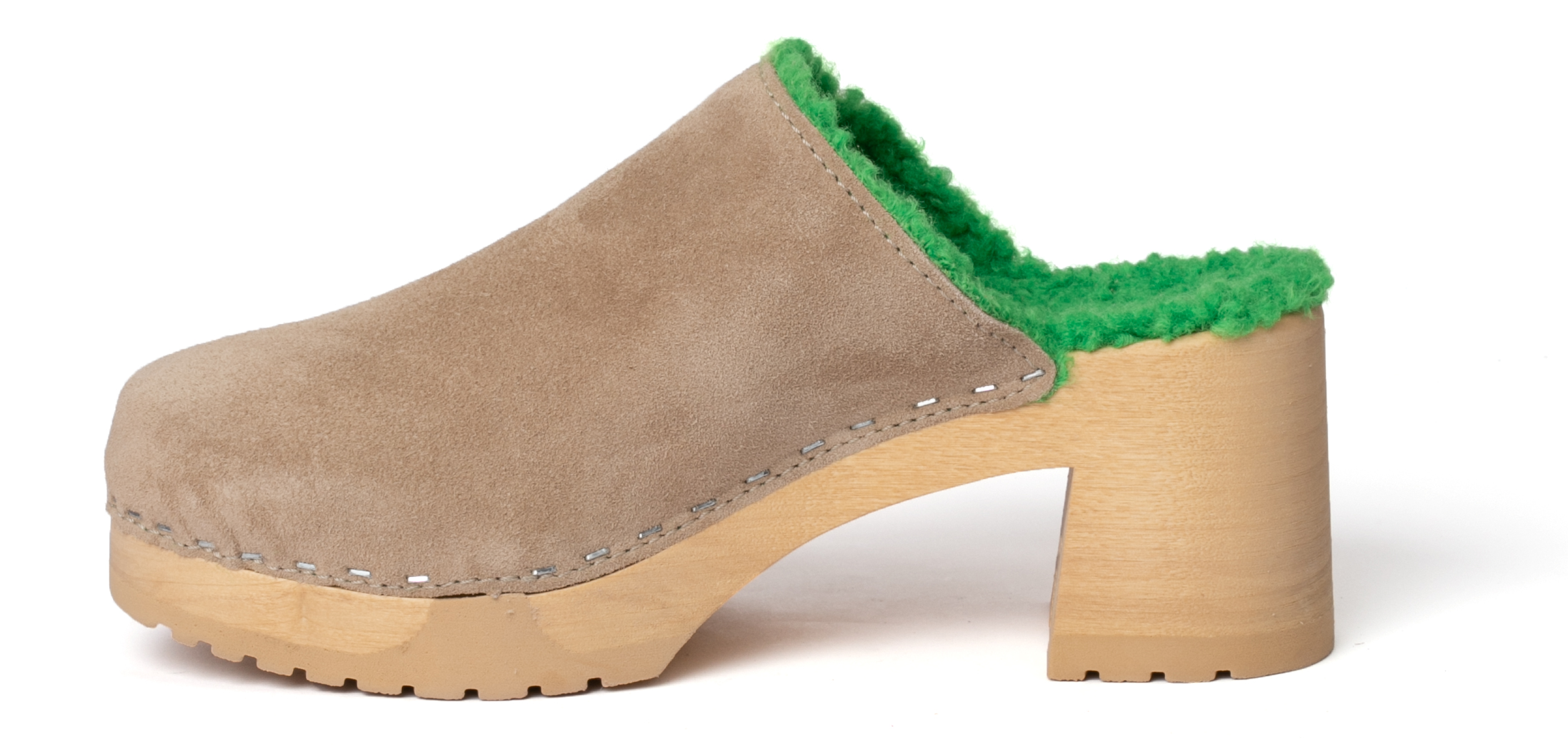 Clog made from poplar wood with smooth suede in color taupe, inner sole green plush by Softclox