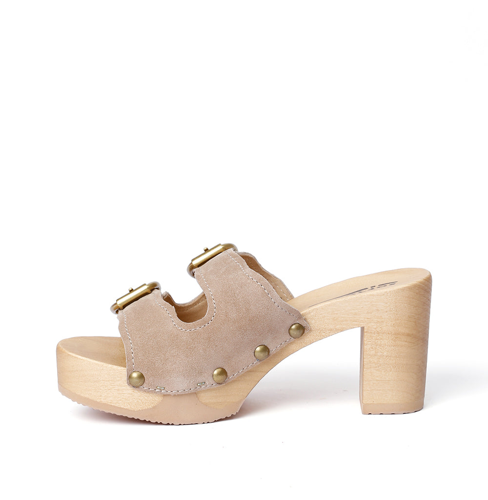 Shoe mule, smooth suede, poplar wood, in color taupe by Softclox